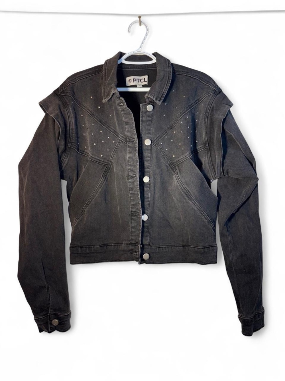 PTCL Women's Black Washed Denim Jacket with Rhinestone Detail